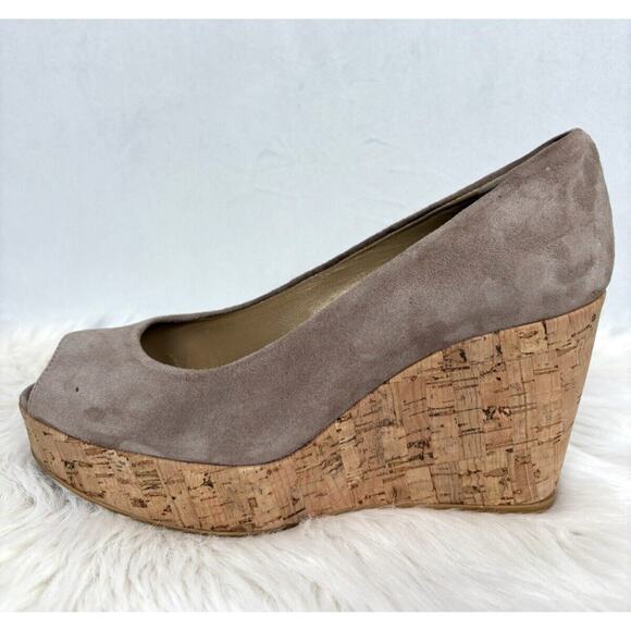 Stuart Weitzman Anna Peep Toe Suede Wedges 8 Brown Slip On Cork Platform Pumps - Picture 9 of 11